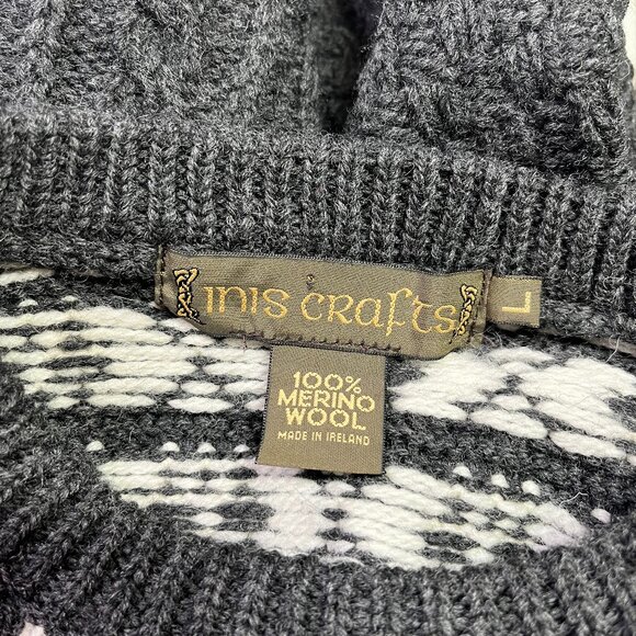 Inis Crafts Men's L 100% Merino Wool Thick Knit Sweater Grey Snowflake - Picture 2 of 7